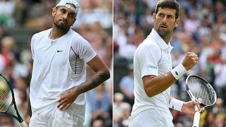 This combination of pictures created on July 9, 2022 shows Australia's Nick Kyrgios (L) and Serbia's Novak Djokovic (R). They meet in Sunday's Wimbledon men's singles final.a
