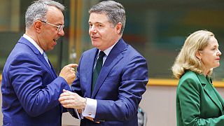 Ο υπουργός Οικονομικών της Ελλάδας Χρήστος Σταϊκούρας με τον επικεφαλής του Eurogroup