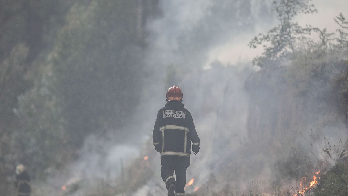 Um bombeiro durante um incêndio em Vales, freguesia de Cercal, concelho de Ourém, 8 de julho de 2022
