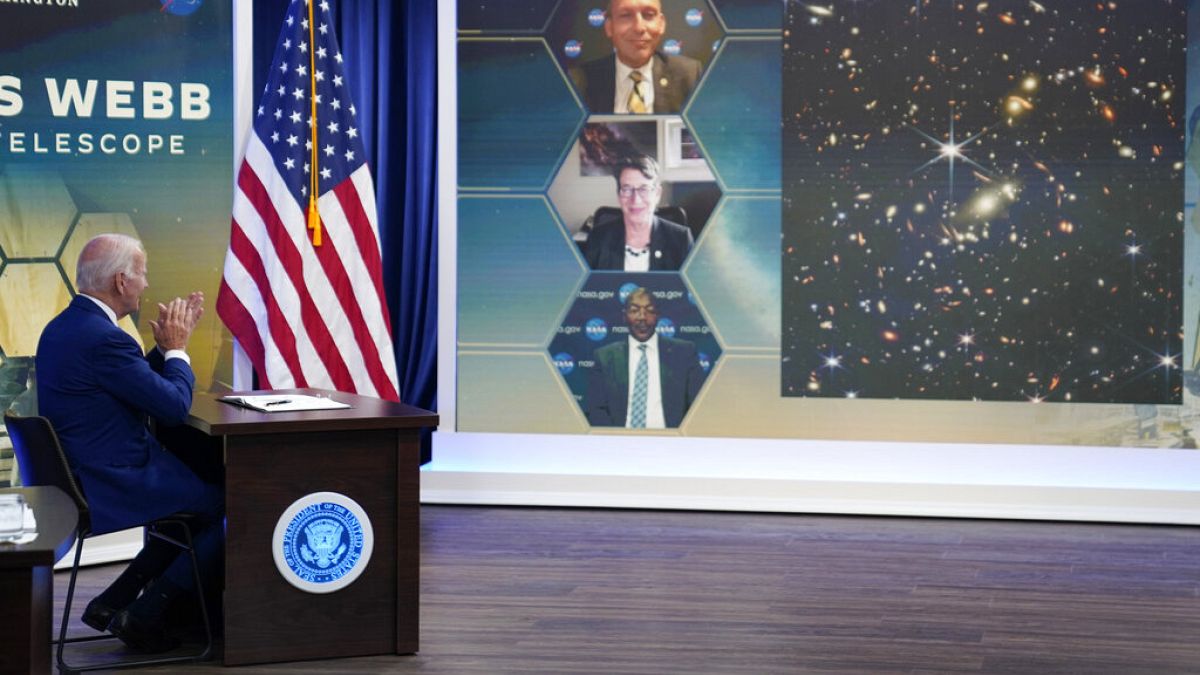 President Joe Biden listens during a briefing from NASA officials about the first images from the Webb Space Telescope, the highest-resolution images of the infrared universe 