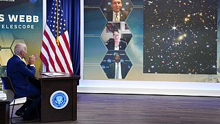 President Joe Biden listens during a briefing from NASA officials about the first images from the Webb Space Telescope, the highest-resolution images of the infrared universe 