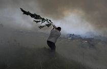 Un homme tente d'éteindre un feu proche de maison avec une branche, Leiria au Portugal, le 12 juillet 2022