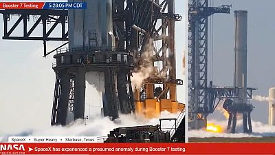 A livestream recorded by NASA Spaceflight shows a booster rocket developed by SpaceX for its Starship spacecraft bursting into flames. A livestream recorded by NASA Spaceflight shows a booster rocket developed by SpaceX for its Starship spacecraft bursting into flames.