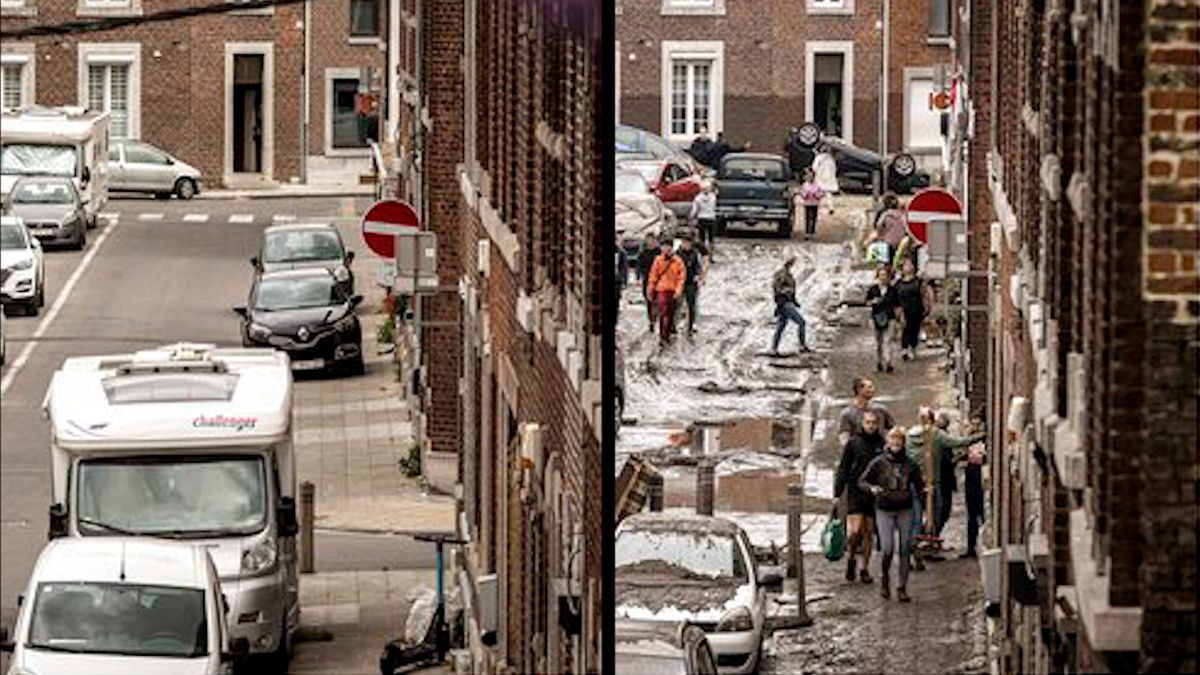 Улица бельгийского города до и после наводнения 