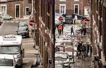 People walk through a damaged street after flooding in Chenee, Province of Liege, Belgium, July 16, 2021, left, and the same location nearly one year later, July 6, 2022.