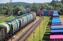 Cargo trains wagons from Russian enclave Kaliningrad are seen at the border railway station in Kybartai, some 200 kms west of the capital Vilnius, Lithuania, June. 22, 2022.