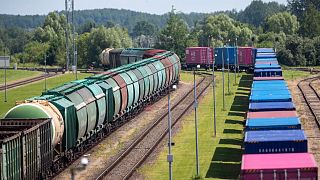 Cargo trains wagons from Russian enclave Kaliningrad are seen at the border railway station in Kybartai, some 200 kms west of the capital Vilnius, Lithuania, June. 22, 2022. 