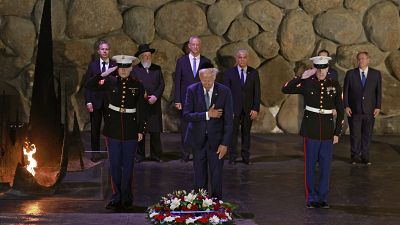 US President Joe Biden lays a wreath of flowers at the Hall of Remembrance of the Yad Vashem Holocaust Memorial museum in Jerusalem.
