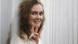 Katsiaryna Andreeva gestures during her previous trial in Minsk in February 2021.