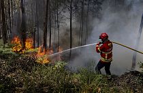 Пожарный во время тушения пожара в Эспите в Ореме / Португалия, 13 июля 2022 года.