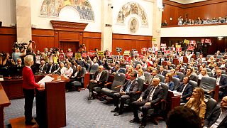 رئيسة المفوضية الأوروبية أورسولا فون دير لايين تلقي خطاباً في برلمان مقدونيا الشمالية،14 يوليو 2022.