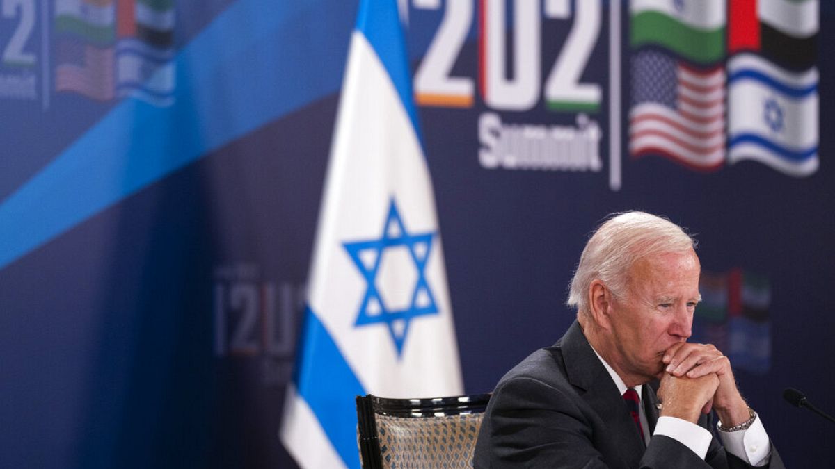  الرئيس جو بايدن في قمة افتراضية مع رئيس الوزراء الإسرائيلي يائير لابيد وزعماء الهند والإمارات العربية المتحدة، في القدس، الخميس 14 يوليو 2022 