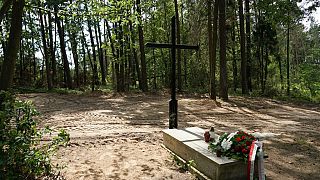 A symbolic cross has been placed at the site of the mass grave in the Bialucki Forest near Ilowo.
