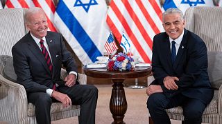 President Joe Biden, left, and Israeli Prime Minister Yair Lapid address the media following their meeting in Jerusalem Thursday, July 14, 2022.