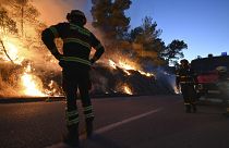 رجال إطفاء يقفون أمام الحريق الذي اندلع في الغابات 13/07/2022