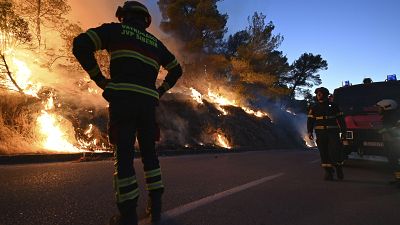 رجال إطفاء يقفون أمام الحريق الذي اندلع في الغابات 13/07/2022