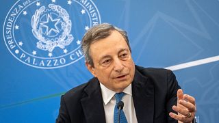 Italian Premier Mario Draghi meets the media in Rome, Tuesday, July 12, 2022.