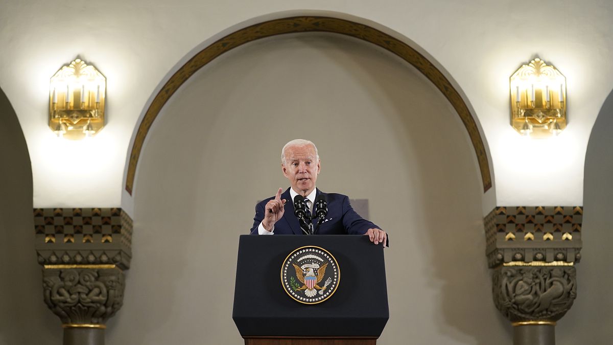 US President Joe Biden gives his remarks after his visit to Augusta Victoria Hospital in east Jerusalem, Friday, July 15, 2022.