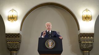 US President Joe Biden gives his remarks after his visit to Augusta Victoria Hospital in east Jerusalem, Friday, July 15, 2022.