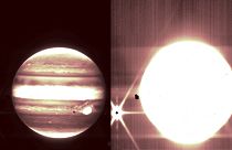 Jupiter and some of its moons are seen through the James Webb Space Telescope.