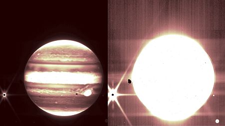 Jupiter and some of its moons are seen through the James Webb Space Telescope.