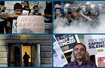 Jogaikért tüntető kurd gyermekek, török rohamrendőrség, a helsinki török nagykövetség felgyújtott bejárati ajtaja, Bülent Keneş