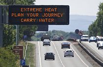 A matrix sign over the A19 road towards Teesside displays an extreme weather advisory as the UK braces for the upcoming heatwave, in England, Saturday July 16, 2022.
