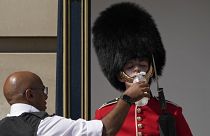 A londoni Buckingham palota őrét itatják július 18-án. Londonban aznap 40 Celsius fokot mértek.