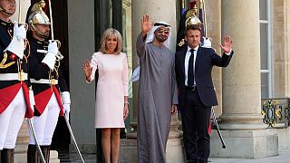 France's President Emmanuel Macron and his wife Brigitte welcome the UAE's President Sheikh Mohammed Bin Zayed at the Elysee Palace in Paris, Monday, July 18, 2022.