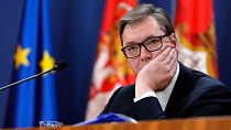 Serbian President Aleksandar Vucic gestures during a news conference in Belgrade, Serbia, Friday, May 6, 2022.