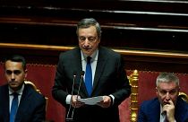 Italian PM Mario Draghi (C), Foreign Minister Luigi Di Maio (L), Defense Minister Lorenzo Guerini (R) delivers his speech at the Senate in Rome, Wednesday 20 July 2022