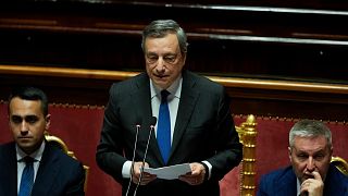 Italian PM Mario Draghi (C), Foreign Minister Luigi Di Maio (L), Defense Minister Lorenzo Guerini (R) delivers his speech at the Senate in Rome, Wednesday 20 July 2022