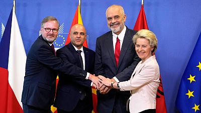 From left to right: Czechia's Petr fiala, North Macedonia's Dimitar Kovacevski, Albania's Edi Rama and Commission chief Ursula von der Leyen in Brussels, July 19, 2022.