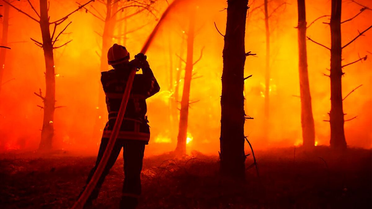 un vigile del fuoco al lavoro durante un incendio boschivo a La Test-de-Buch, nel sud-ovest della Francia, lunedì 18 luglio 2022