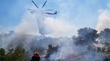 A firefighting helicopter dumps water in the area of Panorama Palinis, east of Athens.