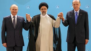  Vladimir Putin, Ebrahim Raisi e Recep Tayyip Erdogan nel palazzo Saadabad a Tehran, Iran, ,