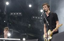 Harry McVeigh, right, and Tommy Bowen of the British band the White Lies at the Isle of Wight festival 2009