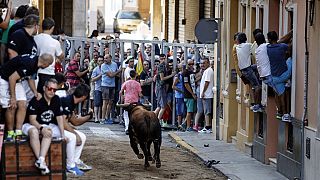 Spectators watch a bull run during a "Pena Taurina" through the streets in Meliana, near Valencia.