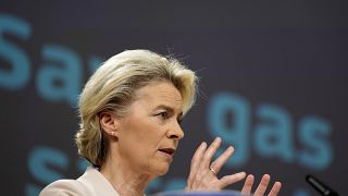 European Commission President Ursula von der Leyen addresses a media conference at EU headquarters in Brussels on Wednesday, July 20, 2022.