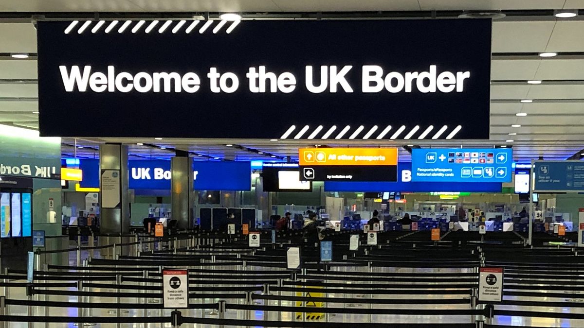 A UK border sign welcomes passengers on arrival at Heathrow airport in west London.