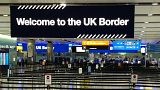 A UK border sign welcomes passengers on arrival at Heathrow airport in west London.