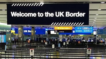 A UK border sign welcomes passengers on arrival at Heathrow airport in west London.