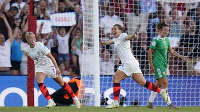 England's Fran Kirby celebrates scoring her side's first goal of the game during the Women's Euro 2022 Group A soccer match at St Mary's Stadium, Southampton