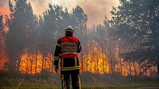 Bombero francés actuando en uno de los incendios en Gironde, en el suroeste de Francia.