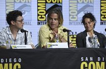 John Francis Daley, from left, Chris Pine and Michelle Rodriguez attend a panel for "Dungeons and Dragons: Honor Among Thieves" on day one of Comic-Con