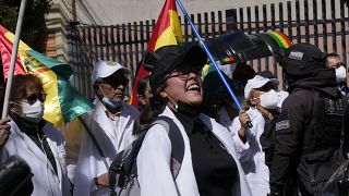 Algunos de los médicos y manifestantes que han recorrido las calles de La Paz para denunciar la persecución del gobierno de Luis Arce