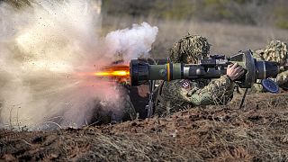  Ukrainian serviceman fires an NLAW anti-tank weapon during an exercise in the Joint Forces Operation, in the Donetsk region, 15 February 2022