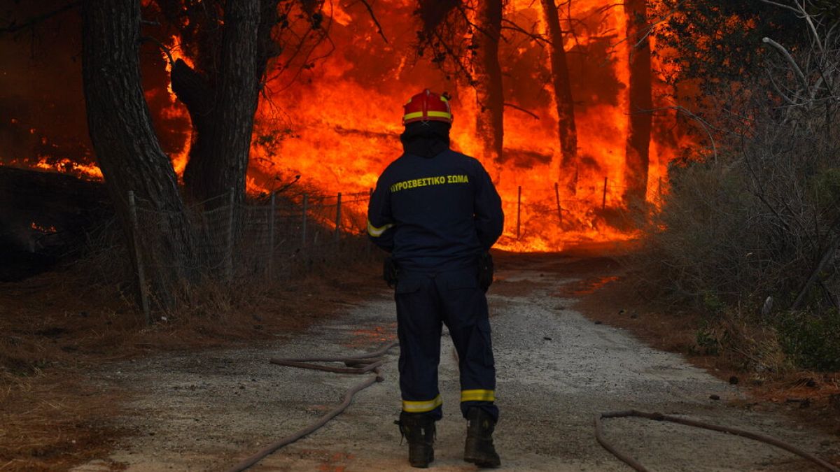 A firefighter tries to extinguish a forest fire near the beach resort of Vatera, on the eastern Aegean island of Lesvos, Greece, on Saturday, July 23, 2022.