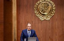In this handout photo released by Russian Foreign Ministry Press Service, Russian Foreign Minister Sergey Lavrov addresses the Arab League in Cairo, Egypt, 24 July, 2022.