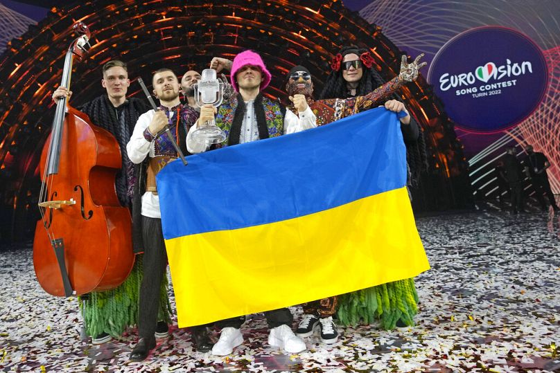Kalush Orchestra from Ukraine celebrate after winning the Grand Final of the Eurovision Song Contest in Turin, Italy, May 14, 2022.